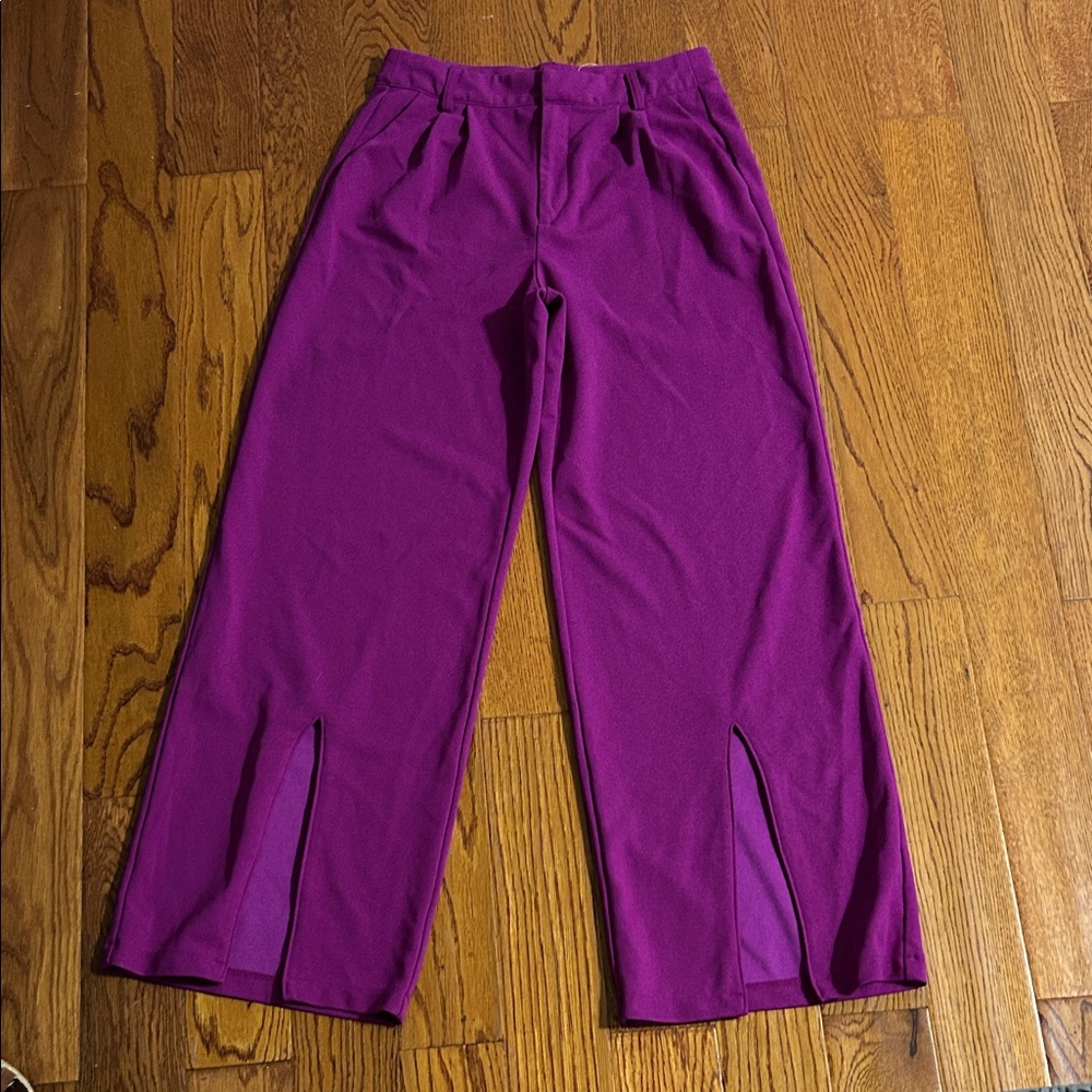 Purple Wide-Leg Pants – Front Slit Hem – High Waist – Stretchy Dress Pants